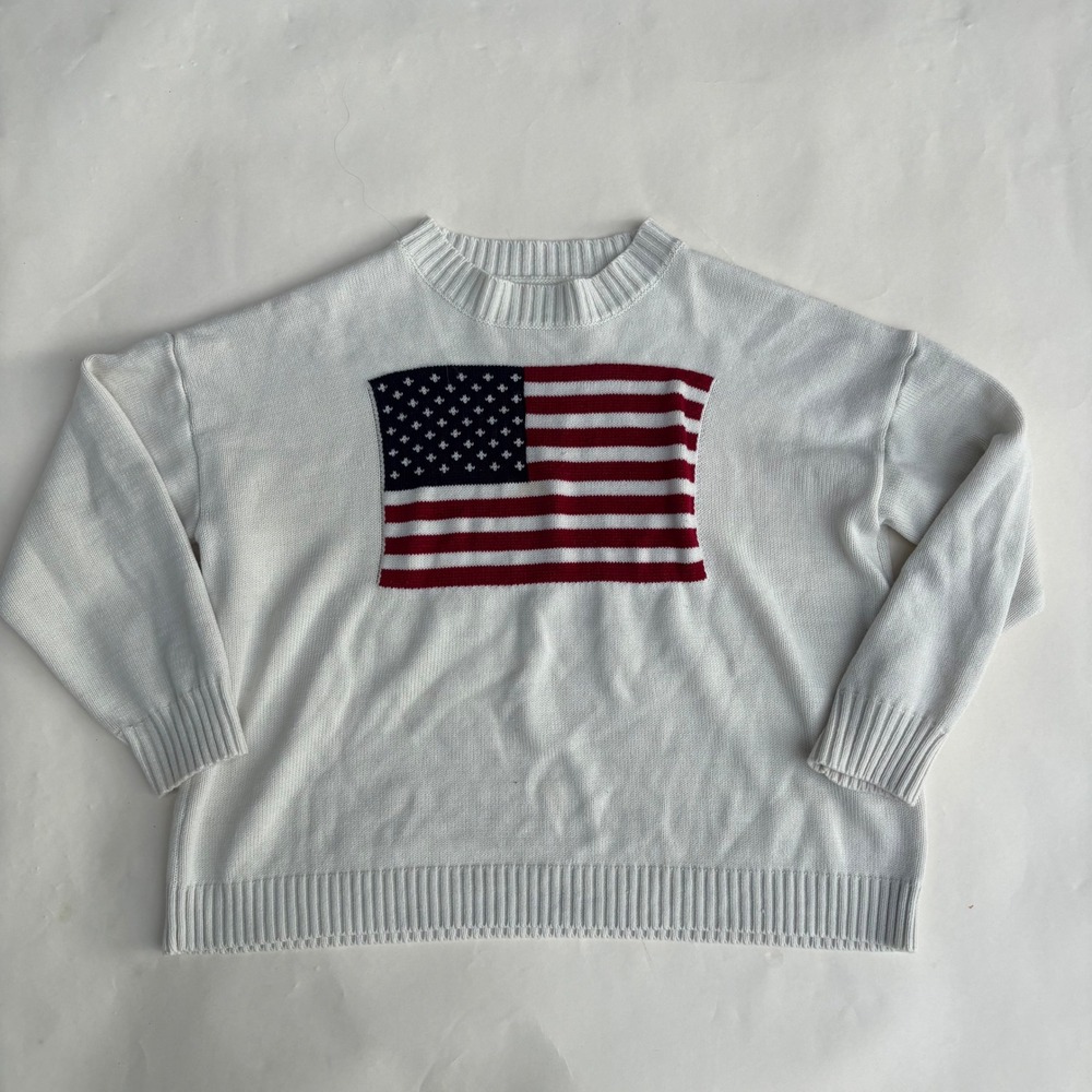 White American Flag Crewneck Sweater Patriotic USA Stars Stripes Small